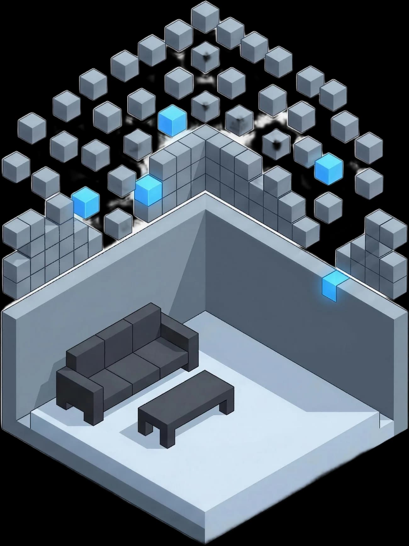 A room drawn as voxel blocks, its walls still forming from cubes falling into place.