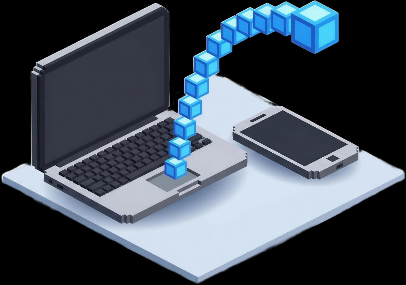 A laptop and a phone drawn as voxel blocks, with a chain of cubes arcing away from them.
