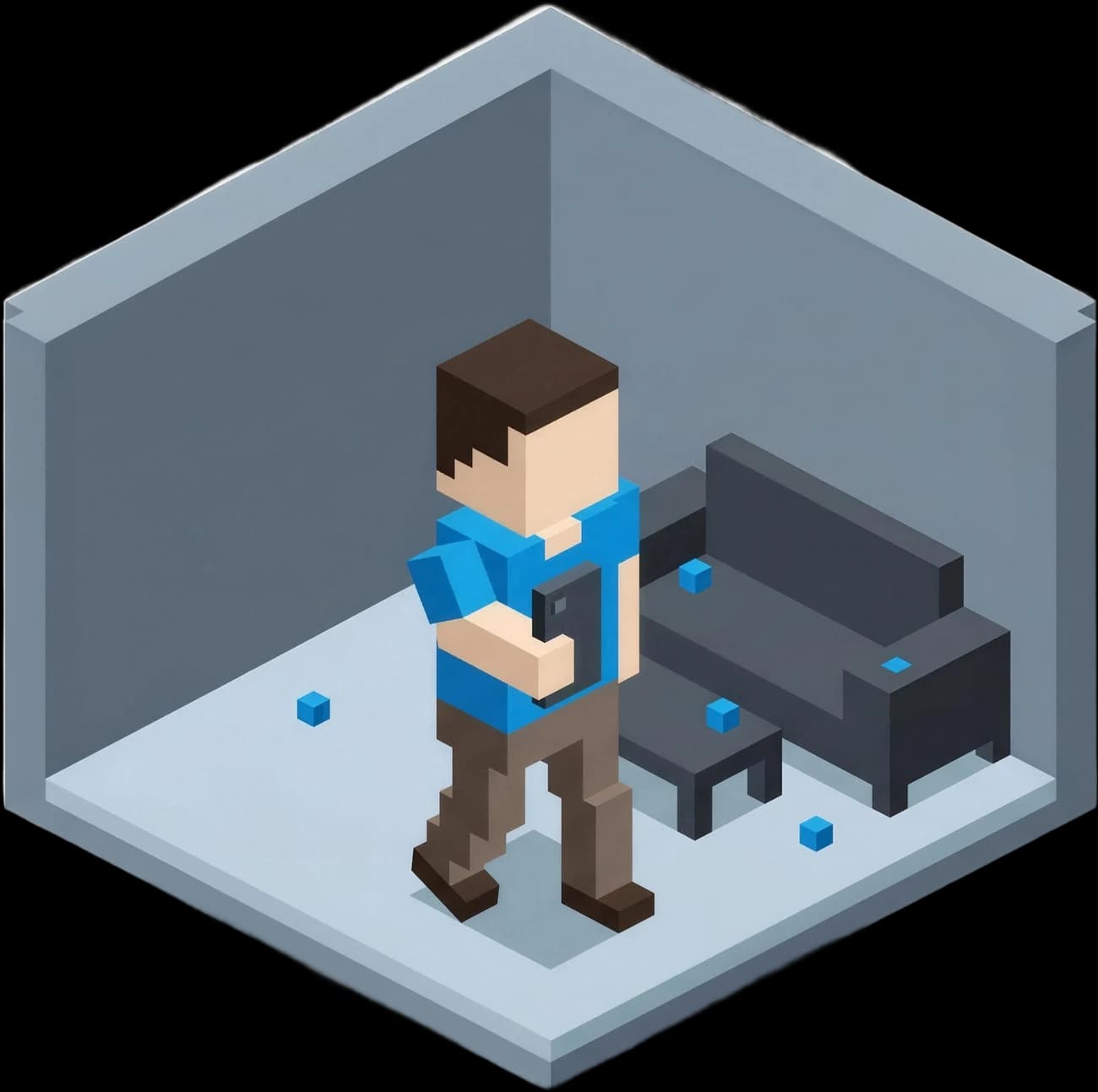 A person drawn as voxel blocks walking through a cutaway room, holding up a phone.